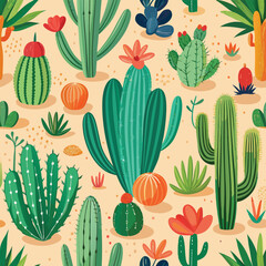 desert cacti and succulents seamless pattern Adobe Illustrator Artwork
