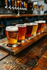 Beer Flight: A flight of various draft beers in glasses arranged on a wooden paddle, showcasing different colors and foam levels. Draft. Beer. 