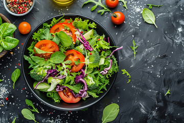 bowl of salad with lettuce, tomatoes, and onions. The bowl is on a grey surface