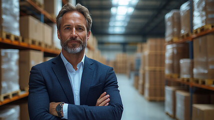 Portrait of businessman investor in spacious distribution warehouse, confidence and industry, wide view, high resolution