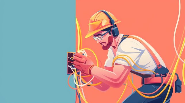 An electrician is working on an electrical panel, surrounded by wires. The image symbolizes skilled labor, electrical work, maintenance, safety, and technology.