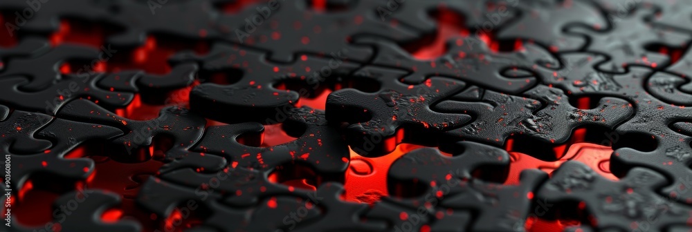 Poster close-up of black puzzle pieces with a red glow underneath symbolizing: complexity, connection, prob