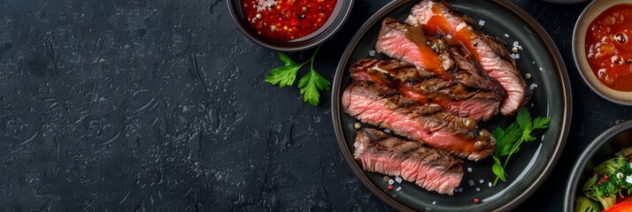 Fototapeta premium Close-up of a juicy steak grilled to perfection, topped with chili sauce, served on a black plate with a sprinkle of salt. A vibrant sprig of parsley adds a touch of freshness to the dish.