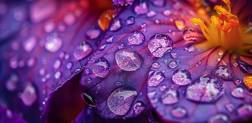 Close-up macro photograph of dew drops glistening on a purple flower petal, capturing the beauty of nature's details. The image symbolizes fragility, freshness,  beauty,  tranquility, and the cycle of
