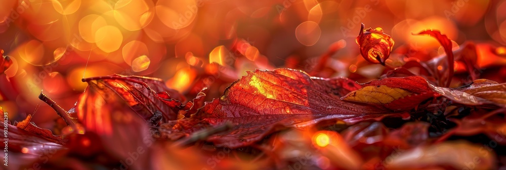 Aufkleber red and orange leaves with bokeh lights creating a warm and inviting atmosphere symbolizing autumn, 