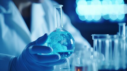 Close-up of scientists' hands analyzing blue substance in a laboratory with research tools in the background, highlighting the scientific research and experimental process in a modern lab environment.