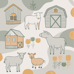 farm animals and barns seamless pattern Adobe Illustrator Artwork