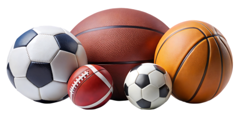 A group of four sports balls on transparent background