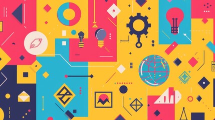 This image is a vibrant, abstract design featuring a variety of geometric shapes, including circles, squares, triangles, and lines. The colors are bright and bold, creating a dynamic and energetic vis