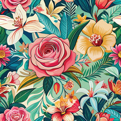 Rose, Iris, White lily, Ranunculus, Calla Lily. Floral Seamless Pattern Adobe Illustrator Artwork