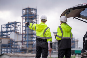 Engineers wear uniform and helmet stayed behind car hand holding blueprint paper show, survey...
