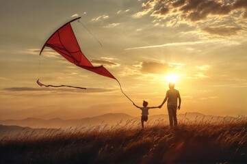 A father and child holding hands while flying a red kite at sunset, creating a picturesque and bonding moment in nature..