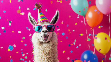 Party animal!  Colorful photo of funny, happy llama / alpaca on pink / fuchsia  background. Balloons, confetti, happy mood. Birthday celebration banner