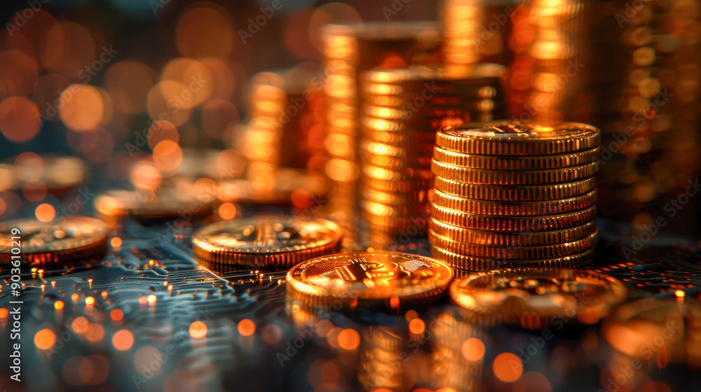 Poster several stacks of golden coins on a dark surface adorned with glittering confetti, with a warm bokeh