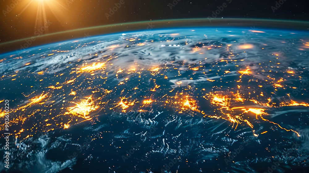 Poster a digitally rendered globe with bright, interconnected points and lines symbolizing global communica