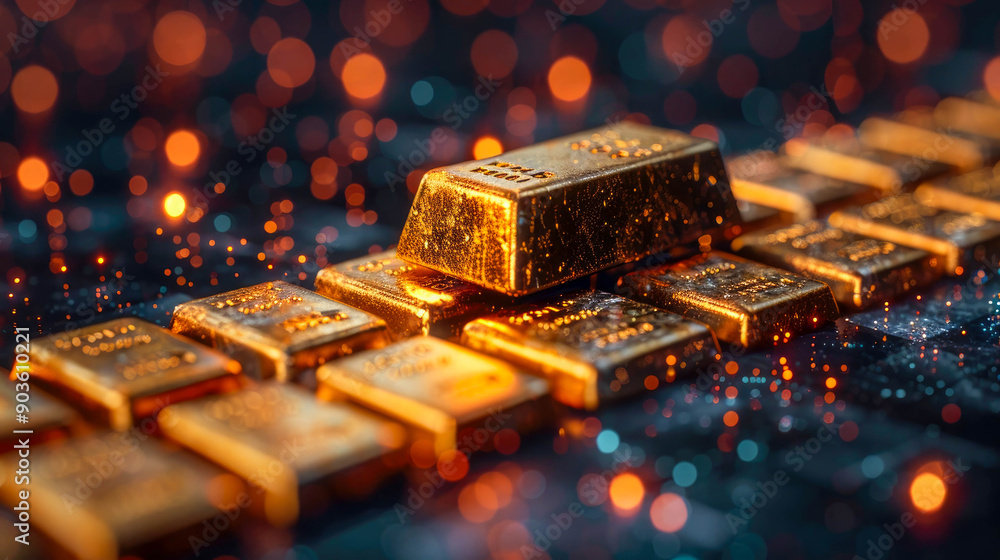 Poster stacked gold bars with a glittering bokeh background