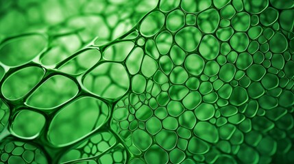 Close-up of vibrant green plant cells under microscope, detailed cellular structure with chloroplasts and cell walls, abstract science background highlighting photosynthesis and plant biology

