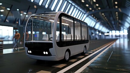 Airport shuttle bus parked near terminal with airplane in background at night. Luggage on the ground and people walking. Transportation, travel, airport, night scene, journey. Generative by AI