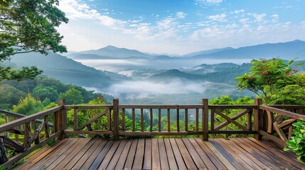 Serene Morning View from a Wooden Deck Overlooking Misty Mountains, Peaceful Nature Retreat