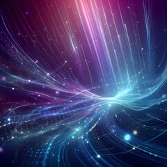 The image features an abstract background with blue and purple neon light rays.
