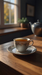 Fototapeta premium Cup of tea on table on vertical background 13.