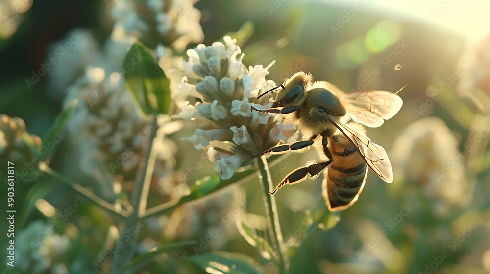 Wall mural a closeup of a bee on a white flower illustration