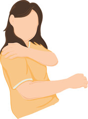 Fototapeta premium A Cartoon drawing of a woman with nerve and muscle pain in her neck and shoulders radiating down her arm. Cervical neuropathy concept.Vector illustration.