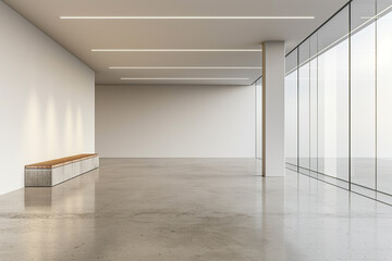 Obraz premium 3d rendering, A large white room with glass walls and concrete floor, featuring an empty bench in the center of one wall
