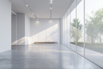 Fototapeta premium 3d rendering, A large white room with glass walls and concrete floor, featuring an empty bench in the center of one wall