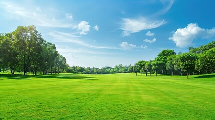 Wide view of a green golf course with blue sky, clouds, and trees in the background. Outdoor sport, open field, nature, golfing. Generative by AI