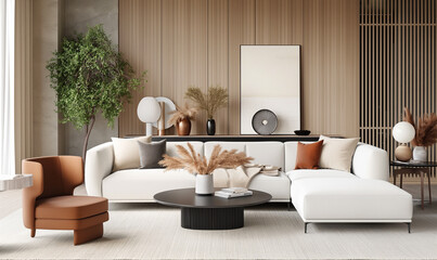3d rendering, A minimalist living room with light beige walls, a large sofa and coffee table in neutral tones, and wooden paneling on the wall behind it