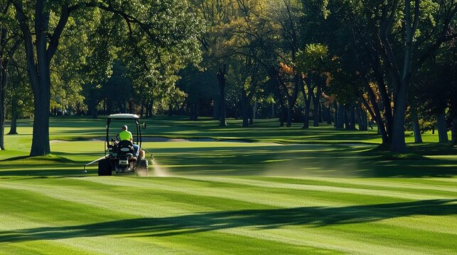 Tractor mowing the grass on a well-maintained golf course surrounded by trees. Maintenance, outdoor sport, greenkeeping, golfing grounds Generative by AI