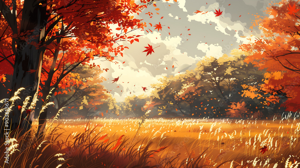 Aufkleber anime style field with tall grasses and vibrant autumn trees under a cloudy sky with falling leaves 