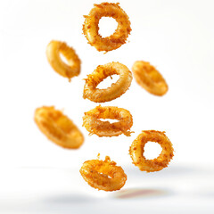 Floating onion rings in air, crispy, fried, with onion on white background