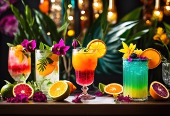 vibrant creative mocktails presented artistic settings colorful garnishes unique glassware irresistible visual experience, beverage, presentation, decor