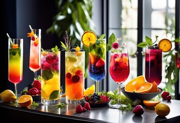 vibrant refreshing creative mocktails served elegant modern glassware stylish gatherings, beverage, cocktail, drink, colorful, fruity, ice, garnish