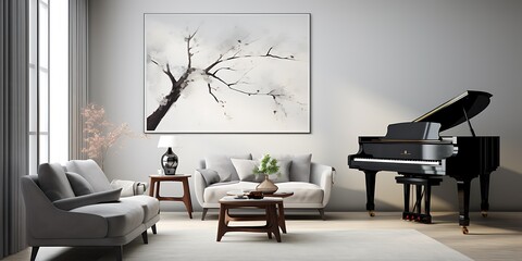 A photo of an open plan living room with light grey wooden floors, a black sofa and armchair, modern art on the wall.