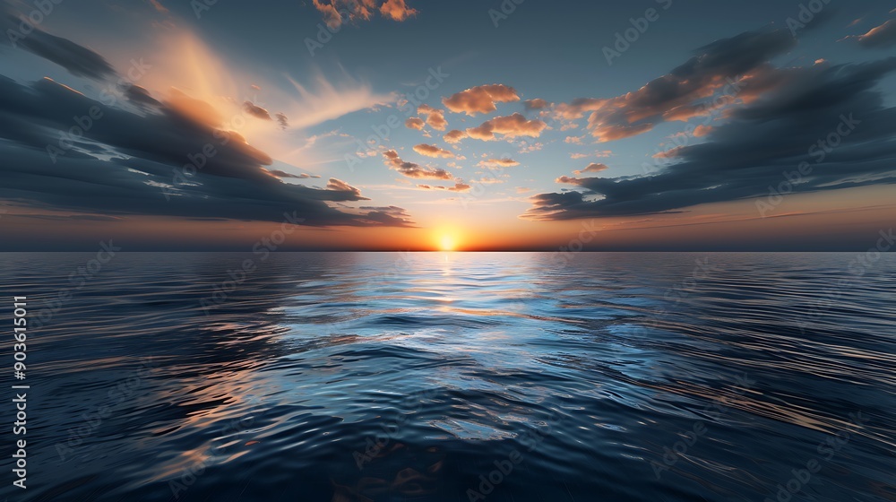 Wall mural a breathtakingly realistic 4k image of a vast ocean with calm waters reflecting a vibrant sunset, sy