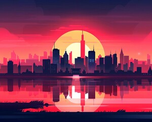 Fototapeta premium Captivating Panoramic Illustration of a City Skyline at Sunset Showcasing a Harmonious Blend of Modern and Historic Architecture