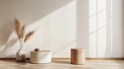 Concrete platforms with white wall, potted tree, vases, and a light; perfect for modern interior design concepts and home decor inspiration.