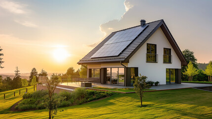 Obraz premium A modern house with solar panels on the roof, sunset sky, green garden, white walls