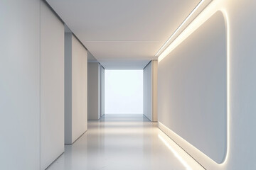 Obraz premium Minimalist White Corridor with Recessed Lighting and Rounded Wall Feature