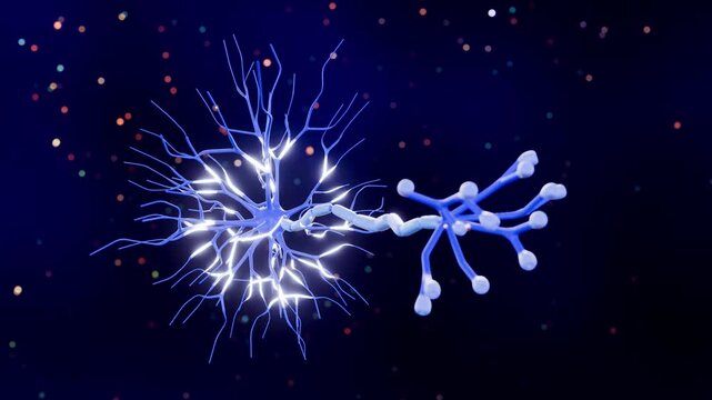 3d animation of Multipolar neuron cell emitting electrical signals 