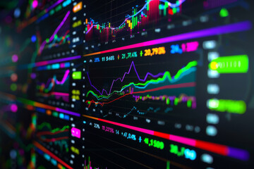 Obraz premium Neon-lit stock market data display with rising and falling trends.