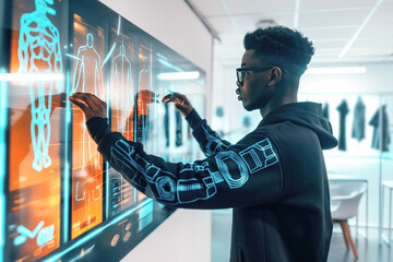 Side view of a man using a high-tech touchscreen interface with digital body scans and data, set in a modern, futuristic environment. Concept of advanced technology and innovation.