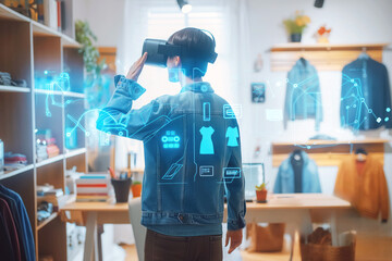 Back view of a person wearing a virtual reality headset in a modern room with digital icons representing clothing and accessories, showcasing the concept of virtual shopping