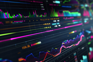 Naklejka premium Colorful Financial Charts and Data on a Computer Screen