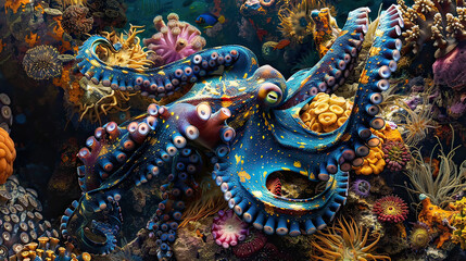 Obraz premium Blue Ringed Octopus Drifting Gracefully Through an Ocean Wonderland AI Generative