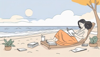 Obraz premium 浜辺のベンチで本を読む人のイラスト
