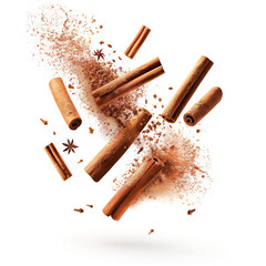 Floating cinnamon sticks with powder in air, on white background